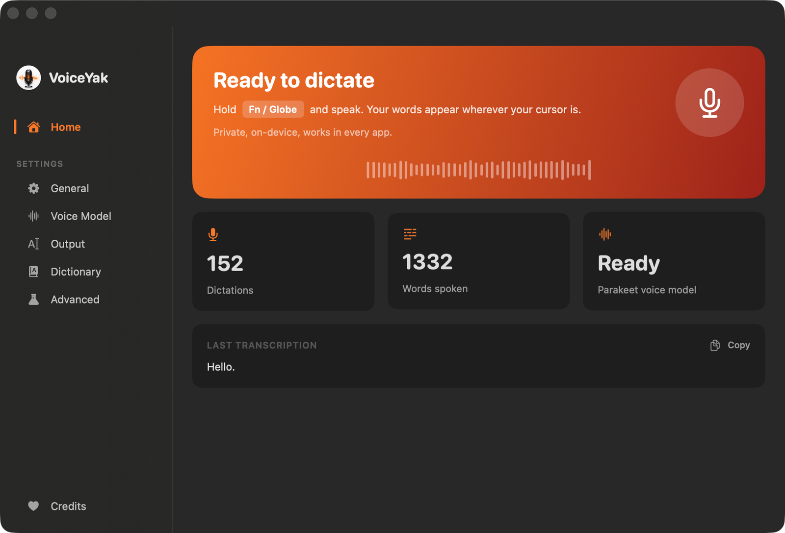 VoiceYak dashboard with dictation stats