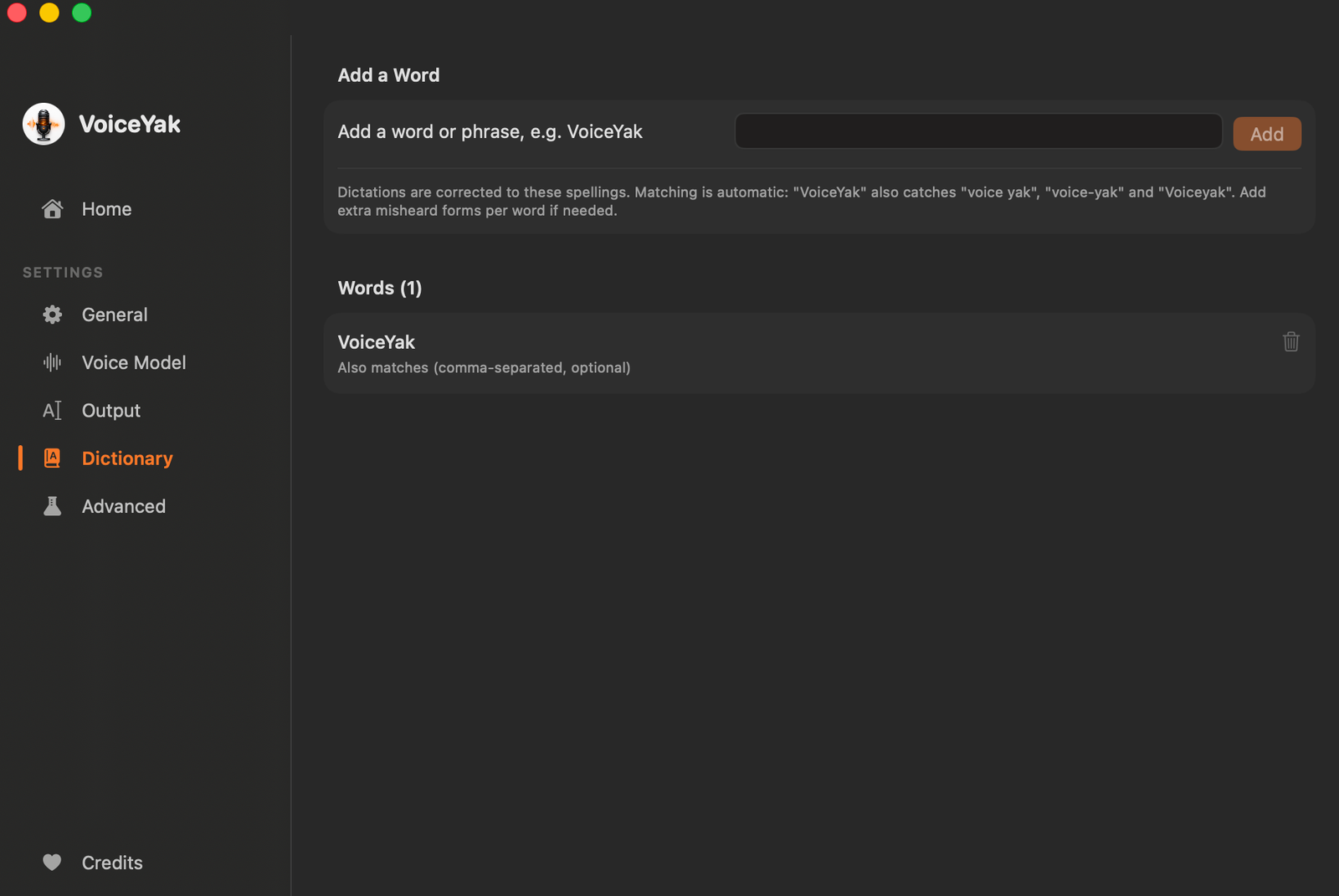VoiceYak's custom dictionary editor