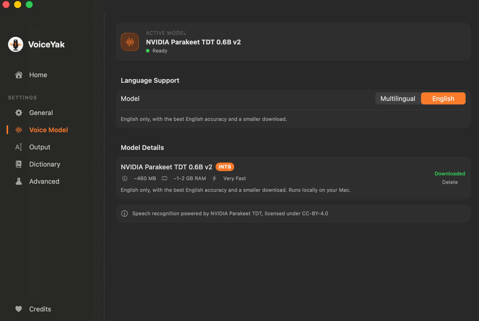 VoiceYak's Voice Model pane showing NVIDIA Parakeet TDT 0.6B running on-device
